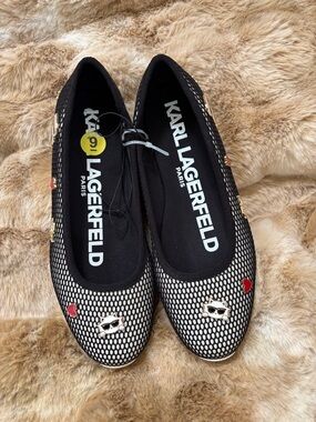 Karl Lagerfeld Black Mesh Ballet Flats with Red Heart & Gold Cat Charms